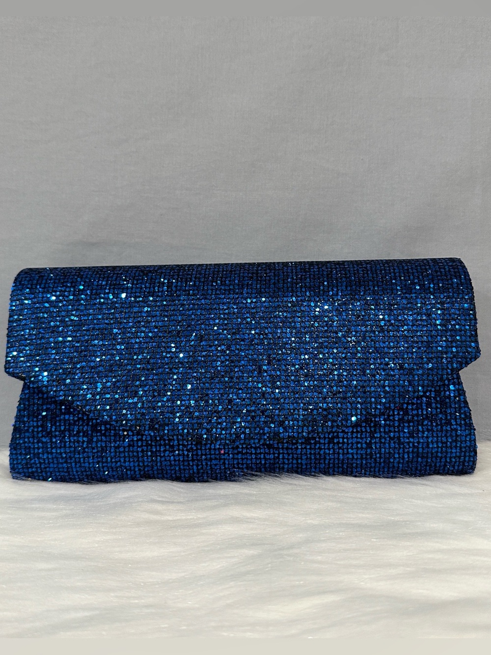 Crystal Metallic Blue Shimmery Evening Clutch Crossbody w Removable Chain NEW
